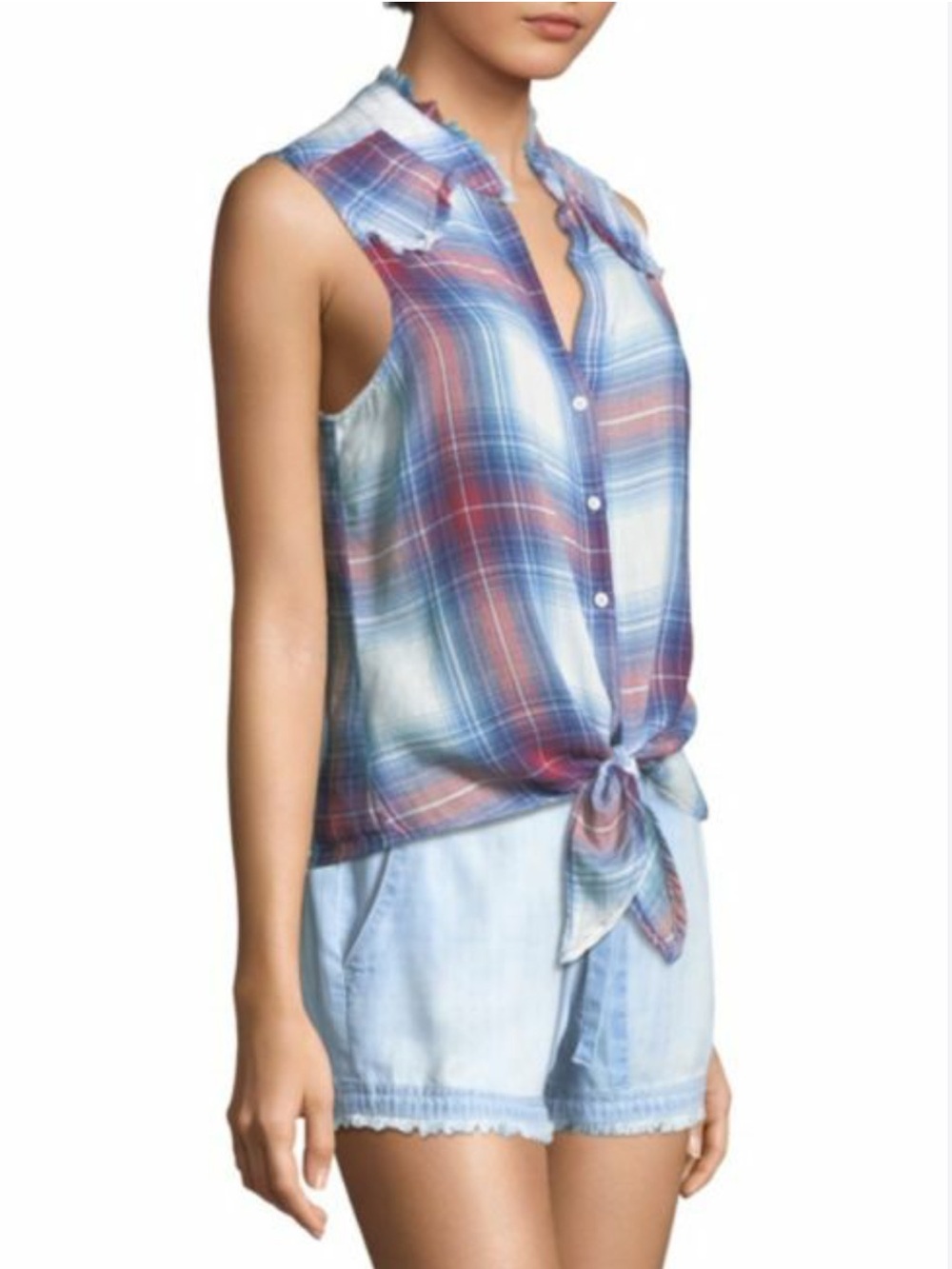 Cloth & Stone Plaid Sleeveless Tie Front Button Down Tank Sunglow Indigo Medium - Picture 3 of 10
